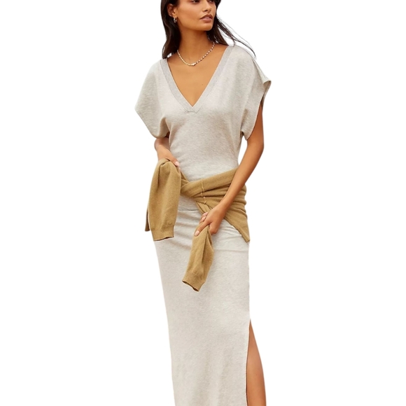 Daily Practice by Anthropologie V-Neck Midi Dress Light Grey Ruched Women's LG - Picture 16 of 16